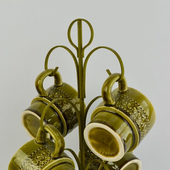 Vintage Avocado Green Japan Coffee Mugs Set of 6 With Storage Tree - Picture 2 of 10